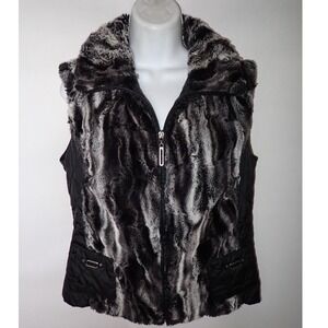 Barbara Lebek Women's Faux Fur Quilted Vest Black Gray Zip Up Size 36 fits US 14